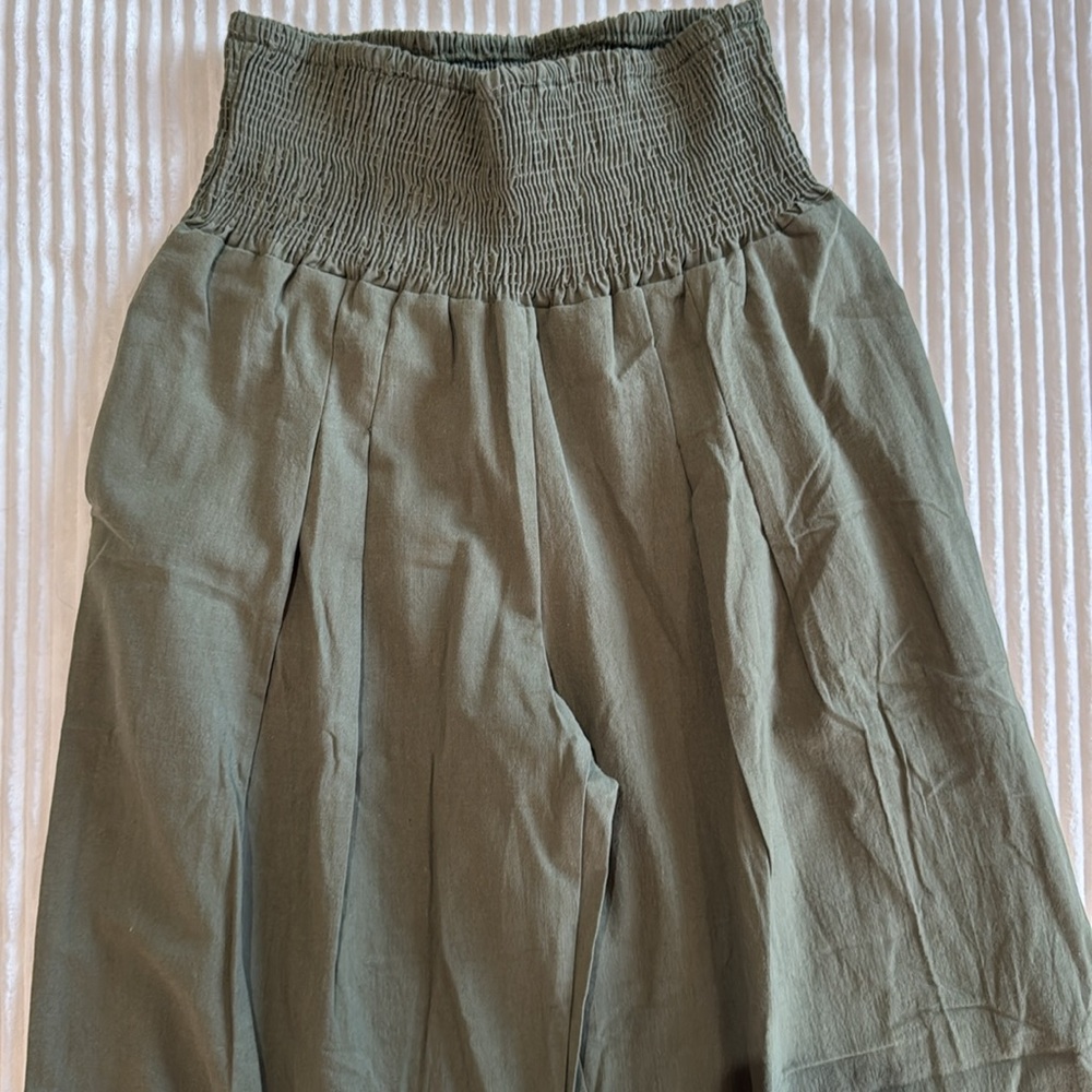 Women's Green Wide-Leg Pants Pull On Elastic Waistband Pockets Linen Polyester M - Picture 8 of 12